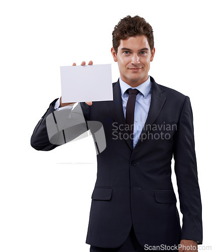 Image of Professional man, poster mockup and presentation for advertising of opportunity, news or information in studio. Portrait of boss or business person with paper and space for job on a white background