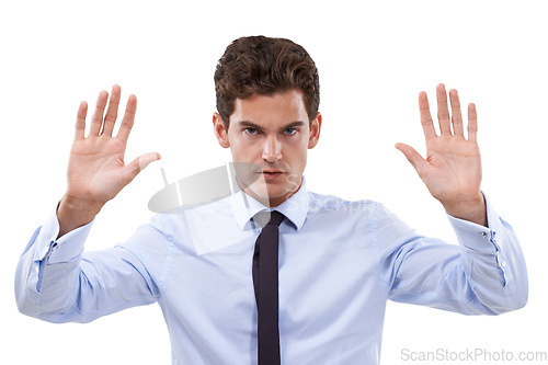 Image of Businessman, hand and stop in studio portrait with forbidden warning, rejection and negative in mockup. Face, palm and emoji in defence sign for no, deny and wait for frustrated by white background