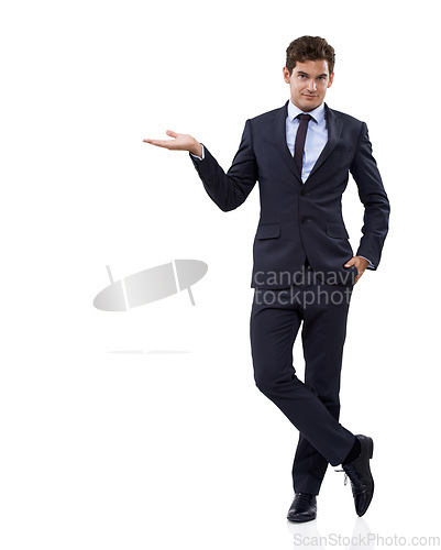 Image of Entrepreneur, portrait and choice in hand with mockup, space and white background in studio. Confident, businessman and gesture to show option with information, advice or presentation with mock up