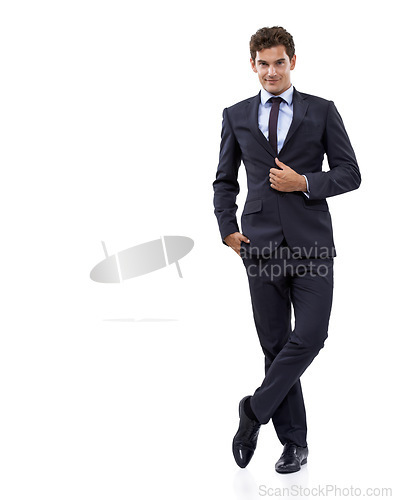 Image of Businessman, fashion and portrait with suit in mockup with pride and confidence in white background or studio. Entrepreneur, manager and assertive boss adjusting jacket button with mock up space