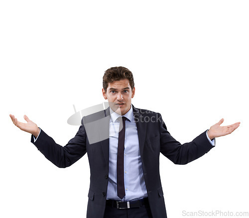 Image of Business man, why and confused or questions in studio for investment decision, problem solving and solution. Portrait of corporate person or trader with palm for choice or doubt on a white background