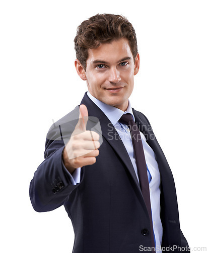 Image of Business man, thumbs up and success in studio for achievement, support and like emoji or yes hands. Portrait of professional employee or winner with good job, vote or agreement on a white background