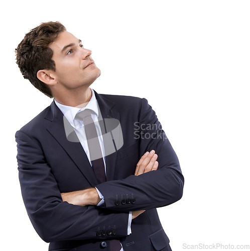 Image of Idea, thinking or business with man, arms crossed or employee isolated on white studio background. Person, model or agent with planning, choice or opportunity with promotion, decision or mockup space