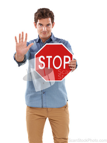 Image of Portrait, man and traffic stop sign, hand and studio isolated on a white background mockup space. Person show red octagon symbol, palm and danger warning, forbidden caution or prohibition in security