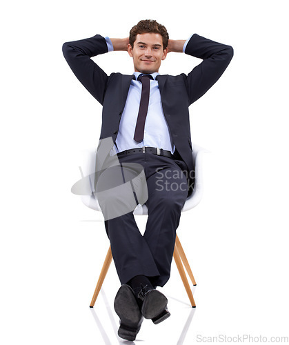 Image of Businessman, relax and portrait of manager in a chair with white background or mock up space in studio. Happy, entrepreneur and stretching on seat with professional style, fashion and confidence