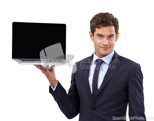 Image of Business man, laptop screen and portrait in studio for presentation, career software and trading information. Professional worker with computer mockup for stock market website on a white background