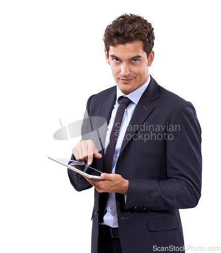 Image of Business man, studio portrait and tablet for online registration, stock market investment and trading offer. Professional or corporate trader pointing to digital technology on a white background