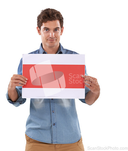 Image of Paper, poster and portrait of man in studio advertising space, news or presentation on white background. Banner, mockup and face of male model with checklist, schedule or platform, deal and offer