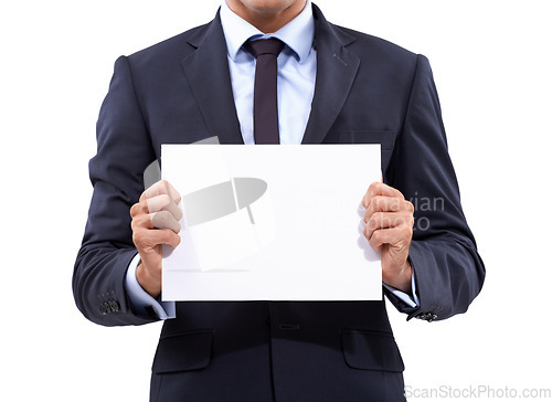 Image of Business hands, poster space and presentation for advertising opportunity, news or information in studio. Professional or corporate person with career board, paper or job mockup on a white background