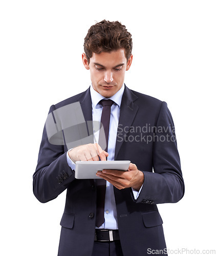 Image of Business man, studio and scroll on tablet in online research, stock market investment or trading software. Professional trader or corporate analyst typing on digital technology on a white background