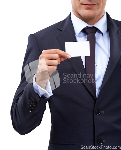 Image of Business card, mockup and hands with design space, contact information or career advertising in studio. Professional entrepreneur or person with presentation or job opportunity on a white background