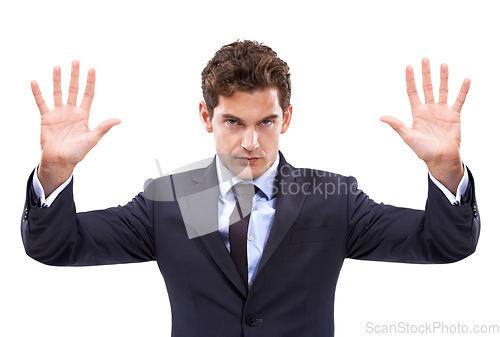 Image of Stop, hands and portrait of business man in studio with limit, warning or threat on white background. Palm, protest and face of male entrepreneur with security emoji for order, control or not allowed