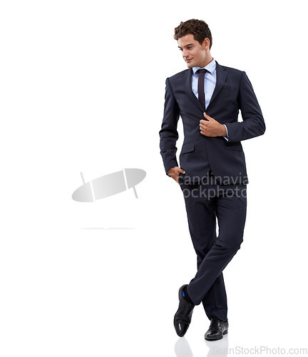 Image of Studio, fashion and business man confident in formal suit, stylish outfit or fashionable apparel with agency service ads. Corporate style, mockup space or professional sales agent on white background