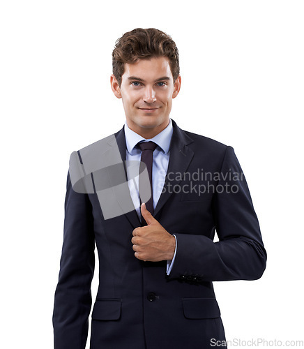 Image of Professional man, thumbs up and success in studio for achievement, support and like emoji or yes hands. Portrait of business person or winner with good job, vote or agreement on a white background