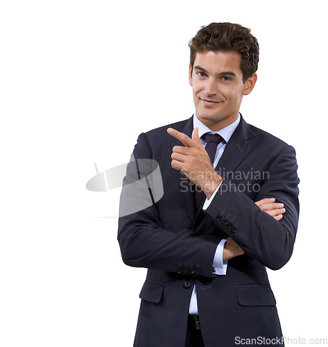 Image of Hand, choice and businessman pointing with mockup, space and white background in studio. Entrepreneur, portrait and gesture to show recommendation, option or information with advice for business