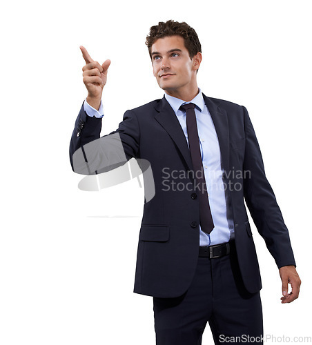 Image of Studio, direction and professional man point at business service, corporate info or realtor sales promo. Commercial, offer and real estate agent gesture at discount opportunity on white background