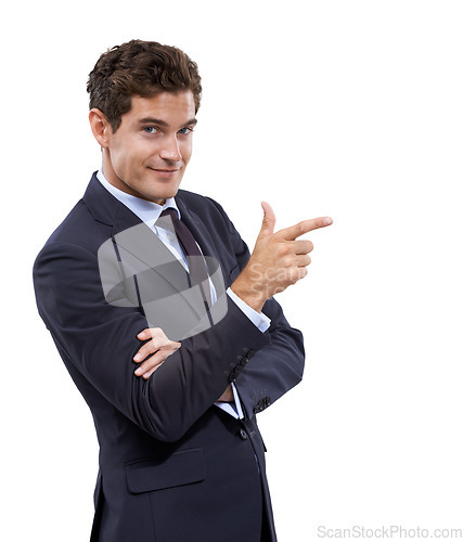 Image of Hand, choice and portrait of businessman pointing with mockup, space and white background in studio. Confident, entrepreneur and gesture to show recommendation option, information or finger gun sign