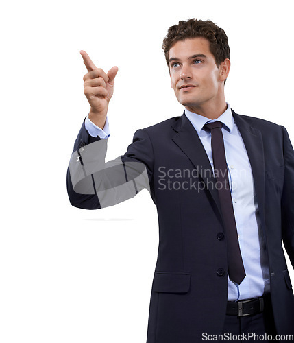 Image of Studio, direction and business man point at professional service, corporate information or realtor sales promo. Advertising, offer or real estate agent gesture at ads presentation on white background