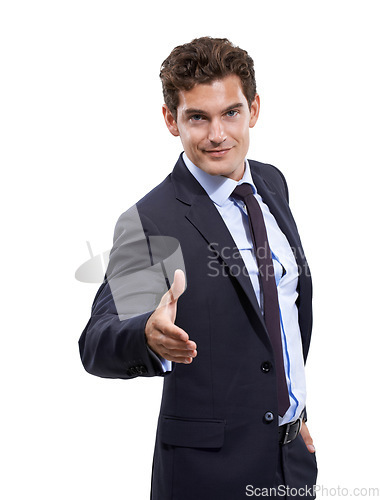Image of Business man, handshake offer and portrait in studio for meeting introduction, job interview and hiring. Happy corporate boss or employer shaking hands and welcome in client POV on a white background
