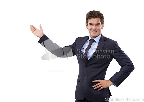 Image of Studio, portrait and corporate man gesture at business services, agency notification or commercial. Mockup space, discount deal and happy agent teaching, presentation or show ads on white background