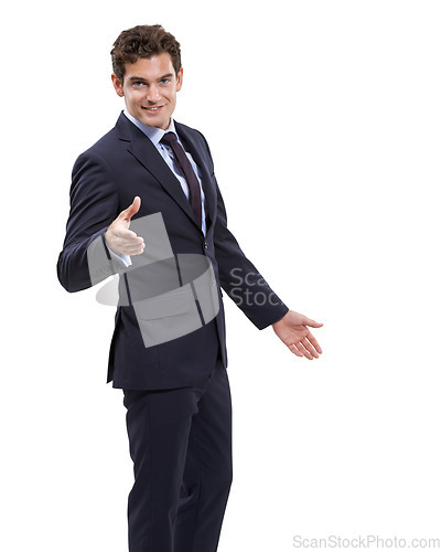 Image of Corporate, portrait and happy man with handshake gesture for studio deal, b2b services or acquisition agreement. Job promotion, employee welcome and HR shaking hands for hiring on white background