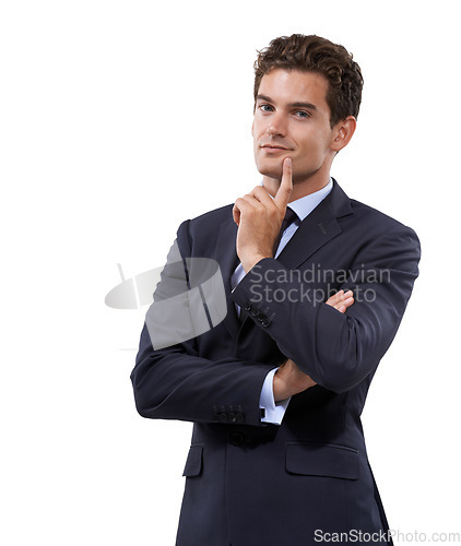 Image of Businessman, portrait and solution in studio with idea, start up and strategy in decision as corporate professional. Person, face and entrepreneur in accounting career and pride by white background