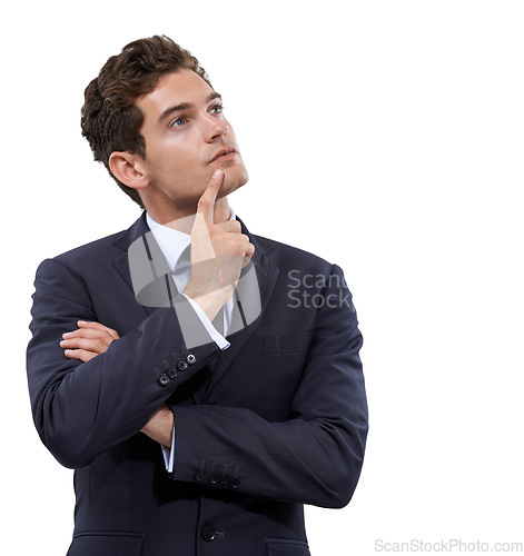 Image of Business man, thinking of ideas and solution, questions or problem solving with legal vision, goals or emoji face in studio. Corporate lawyer or attorney with decision or choice on a white background