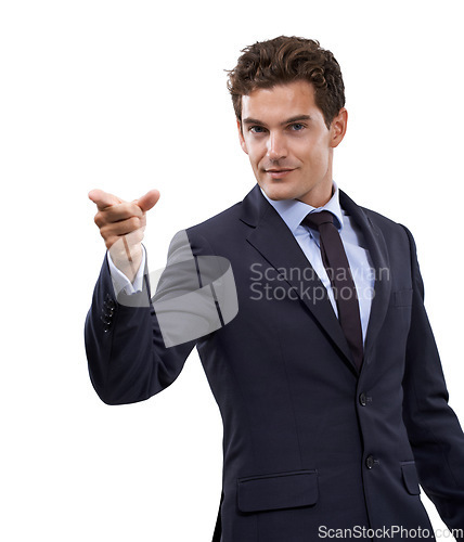 Image of Studio, portrait or professional man point at service direction, company notification or commercial offer. Sales launch, discount deal or businessman gesture at recommendation ads on white background