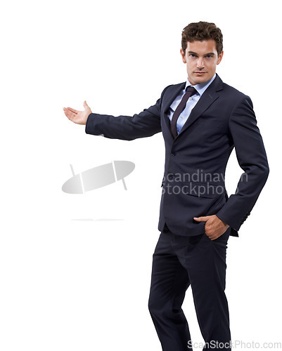 Image of Studio portrait, advertising or professional man gesture at service news, notification space or commercial offer. Company sales launch, discount deal or businessman recommendation on white background