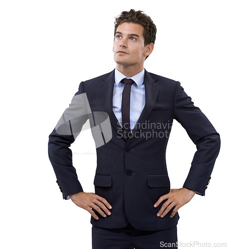 Image of Businessman, confident and hands on hips for thinking in studio mockup, start up idea and corporate professional. Person, thought and entrepreneur for career direction or attorney by white background