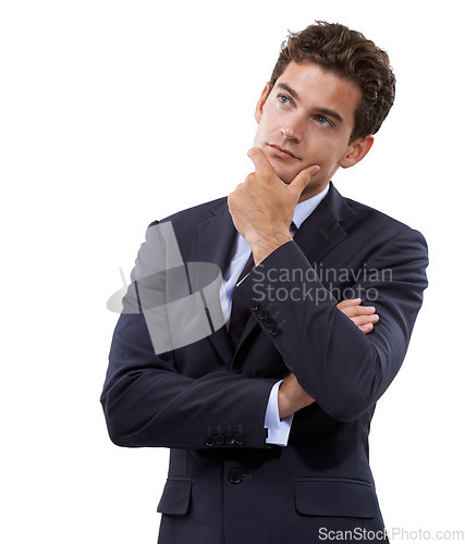 Image of Corporate man, thinking and planning for solution, ideas and investment strategy with emoji face in studio. Business employee for problem solving, vision and decision or choice on a white background