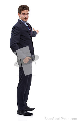 Image of Studio, portrait and business man gesture at promotion news, advertising space or company information. Commercial presentation, corporate announcement and person recommendation on white background