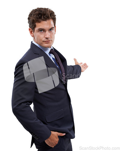 Image of Studio portrait, serious and business man gesture at promotion news, notification space or agency info. Company launch, corporate announcement or person advertising recommendation on white background