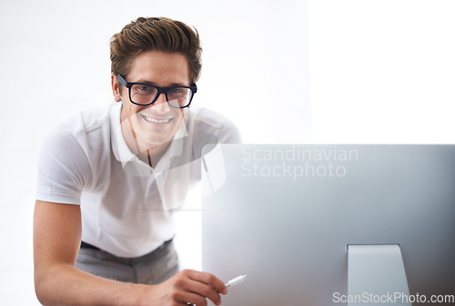 Image of Computer, happy man and portrait of technician with cable, hardware or mockup space. Pc, engineer and wire of nerd, smile and information technology professional, geek or employee in glasses in Spain