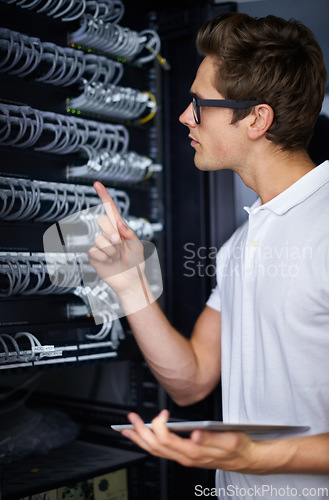 Image of Server room, information technology and man with tablet, check connectivity and night job. Cybersecurity system, it network or person for fiber internet, data center or storage with cable connection