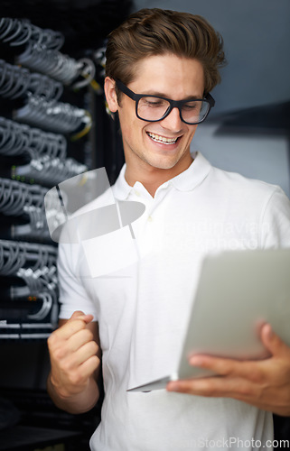 Image of Server room, information technology and man with laptop, connection or cheers at night job. Cybersecurity system, it network or person for fist celebration, database or storage with cable for success