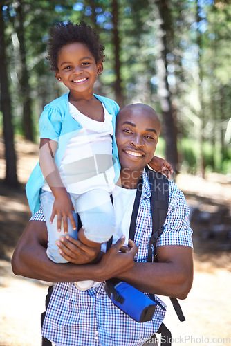 Image of Happy father, hiking and carrying kid in forest for family bonding, fresh air or exploring together in nature. Dad with child on shoulders smile in holiday adventure, weekend or outdoor trip in woods