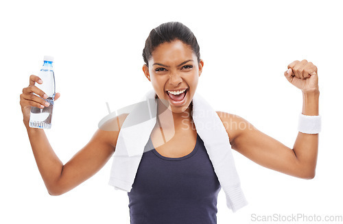 Image of Woman, flexing muscles and energy in portrait, studio and liquid for health and wellness. Athlete, female person and pride on face for strong biceps, water bottle and empowerment by white background