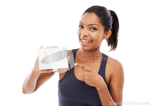 Image of Woman, blank card and portrait in studio, mockup and sign up or information or offer. Happy female person, paper and advertising on placard for membership promotion or news by white background