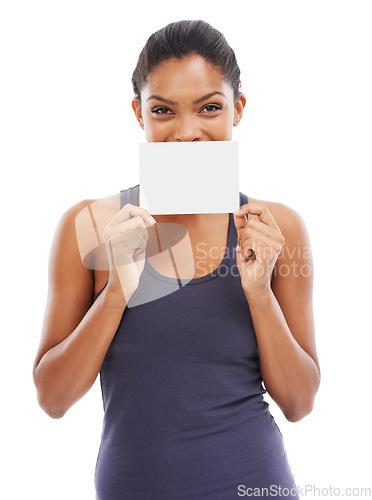 Image of Woman, blank card and portrait for exercise in studio, mockup and sign up or information or offer. Female person, paper and advertising on placard for membership promotion at gym by white background