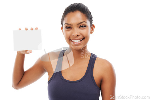 Image of Blank card, woman and announcement with portrait for advertisement and promotion mockup in studio. Smile, happy and person with signage for advertising for sale or discount with white background