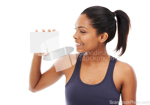 Image of Blank paper, woman and poster with card for advertisement and promotion mockup in studio. Smile, happy and female person with signage for advertising for sale or discount with white background