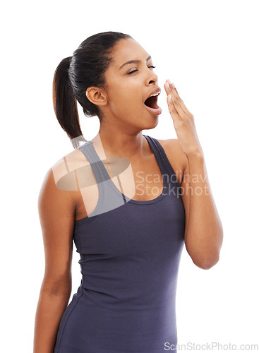 Image of Tired, yawn and young woman in studio with fatigue, exhaustion or burnout for insomnia problem. Sleepy, emoji and female person from rest with lazy, bored or low energy isolated by white background