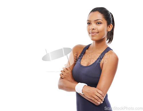 Image of Woman, confidence and smile for fitness, studio and happy for health and wellness. Female person, face and positive mindset for workout and training or pride for weight loss by white background