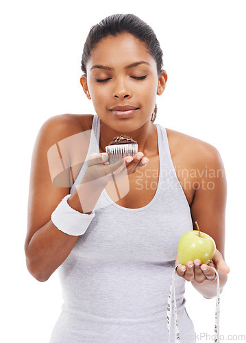 Image of Woman, cake and fruit choice diet or smell dessert for weight loss, nutrition decision or balance food. Female person, temptation and tape measure for goals mockup space, white background or studio