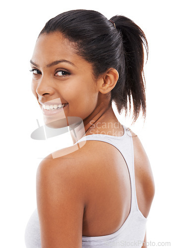 Image of Woman, portrait and smile in studio for workout wellness, sportswear or training mockup. Female person, face and confident for fitness health or white background for cardio, challenge or progress