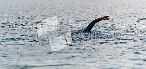 Image of A professional triathlete trains with unwavering dedication for an upcoming competition at a lake, emanating a sense of athleticism and profound commitment to excellence.