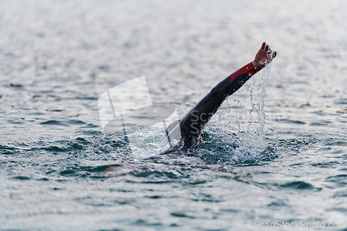 Image of A professional triathlete trains with unwavering dedication for an upcoming competition at a lake, emanating a sense of athleticism and profound commitment to excellence.