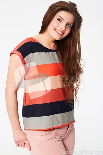 Image of Happy woman, portrait and fashion with stylish clothing, makeup or beauty cosmetics against a white studio background. Attractive young female person or model smile with stripped t shirt on mockup