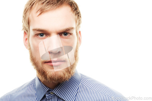 Image of Serious, white background and portrait of business man for career, professional work and job. Corporate mockup, entrepreneur and face of isolated worker with ambition, confidence and pride in studio